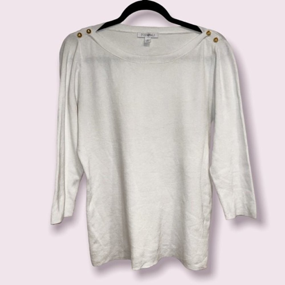 Roz & Ali Sweater White Gold Coastal 3/4 Sleeves Scoop Neck Womens Size Medium